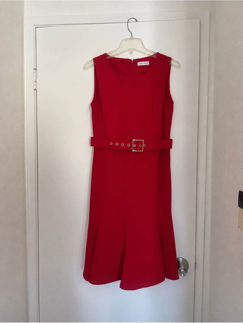 Calvin Klein Vibrant Red Belted Fit-and-Flare Dress
